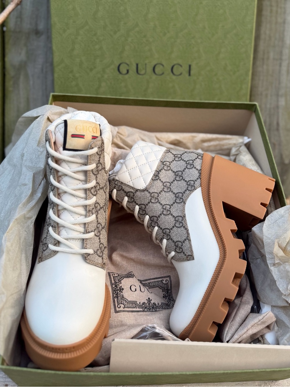 Gucci White, Beige & Tan GG Monogram Platform Lace-Up Ankle Boots